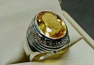 Anello Topazio Da Uomo Fatto a Mano Topazio Giallo Argento Sterling 925 Taglio Ovale Grande - Foto 1 di 12