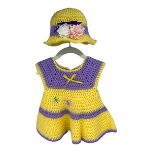 Vestido y sombrero hechos a mano para niña de 12-24 meses crisantemos mariposas amarillo y púrpura - Imagen 1 de 12