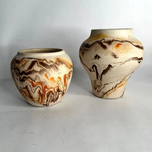 Lot of 2 Nemadji Clay Pottery Vase Orange Swirl Handmade Vintage - Picture 1 of 10