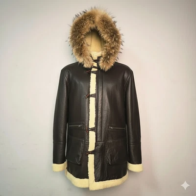 Men’s Shearling Leather Parka with Fur Hood – Brown Winter Warm Sheepskin Coat - Image 1 of 4
