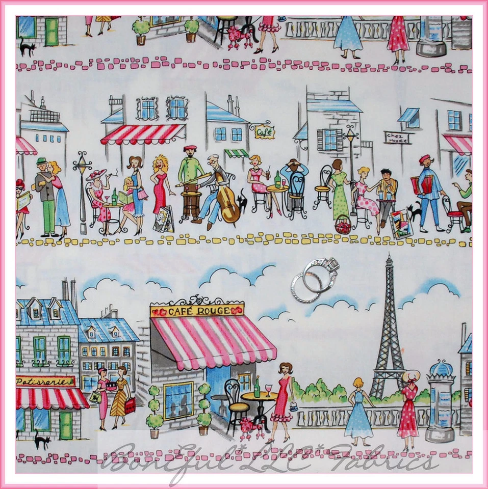 BonEful Fabric FQ Cotton Quilt Pink B&W PARIS Eiffel Tower France Scenic Stripe - Image 1 of 4