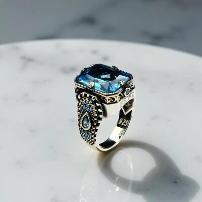 Anillo para hombre aguamarina azul piedras preciosas 925 plata esterlina joyería talla 7-15 EE. UU. Foto 1 de 4