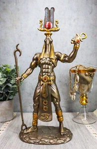 Bronzed Egyptian God Of Technology Ibis Headed Thoth Holding Was And Ankh Statue - Picture 1 of 8