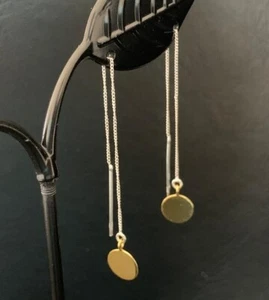 925 Sterling Silver Thread Threader Earrings Gold Disc Circle Bar Chain Long - Picture 1 of 5