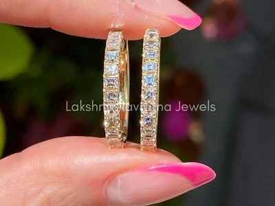 0.60Ct Asscher Cut Moissanite Hoop Earring For Women 10K White Gold Plated - Image 1 of 4