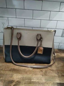 Lauren Ralph Lauren Newbury Tricolor black, brown tan Double Zip Satchel Large - Picture 1 of 10