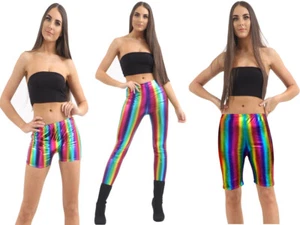 REGENBOGEN HOT HOSE METALLIC LEGGINGS RADFAHREN KURZER STREIFEN DAMEN SOMMER AKTIVE KLEIDUNG - Bild 1 von 7