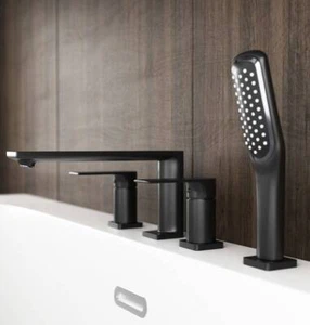 Wannenarmatur Badewannenarmatur Wasserhahn Set 4 Loch Schwarz Wanneneinlauf - Bild 1 von 7