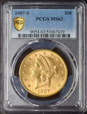 1907-S $20 Gold Liberty Head Double Eagle - PCGS MS63 Gold Shield ✪COINGIANTS✪ Foto 1 de 2