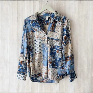 Joie Blue Cream Patchwork Blouse Womens Sz M Silky Smooth Comfy Spring Summer - Picture 1 of 9