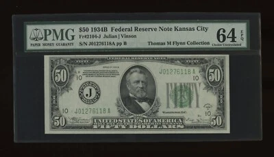 DBR 1934-B $50 Kansas City Vinson Fr. 2104-J PMG 64 EPQ Serial J01276118A - Image 1 of 2