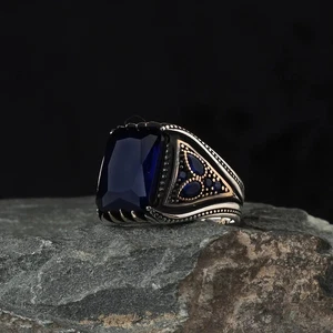 925 Sterling Silver Men's Ring Turkish Handmade Natural Stone Blue Zircon Stone - Picture 1 of 2