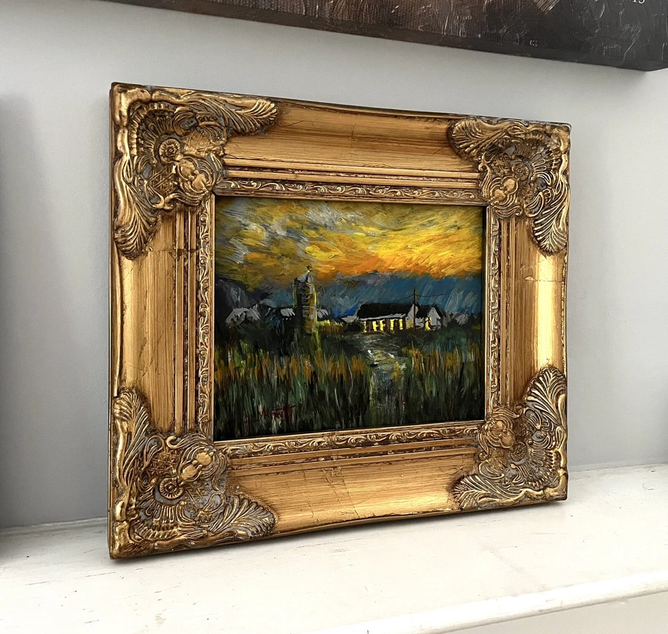 Pintura al óleo original Blue Ridge Sunset Mountains paisaje occidental con marco dorado Foto 1 de 4