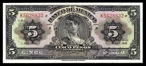 El Banco de Mexico 5 Pesos Series R-K 01.9.1943. P34f2 UNC.. - Picture 1 of 1