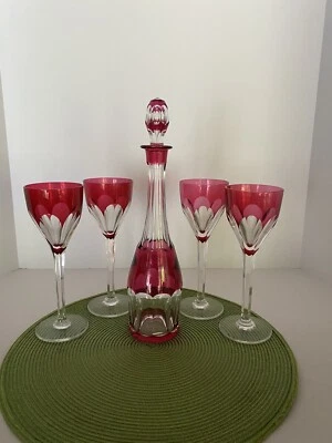 Val St. Lambert SEVILLE Crystal  Decanter, Stopper, 4 Glasses. Red Cranberry - Image 1 of 4