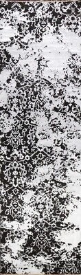 Black/ Silver Abstract Modern Oriental Runner Rug Wool/ Silk Hand-knotted 3x10 - Image 1 of 4