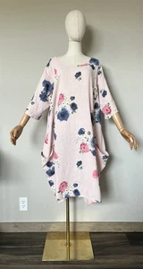 Made In Italy 100% Linen Dress One Size Pink Floral Oversized Pockets Leganlook - Picture 1 of 15