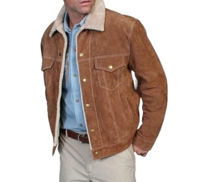 Men's Western Jacket Western Fur Jean Jacket Suede Jacket Brown Coat - Picture 1 of 4