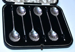 Antiguo JUEGO DE CUCHARAS STERLING DEMITASSE grano de café con estuche 1933 Emile Viner - Imagen 1 de 7