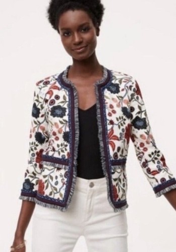 OFF WHITE Giacca blazer donna LOFT fragola floreale primavera frange bianco sporco taglia 18