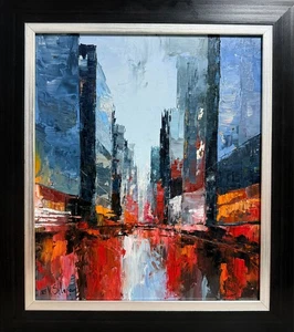 Pintura al óleo original de Nueva York paisaje urbano noche obra de arte enmarcada en la pared 17x15 pulgadas - Imagen 1 de 9