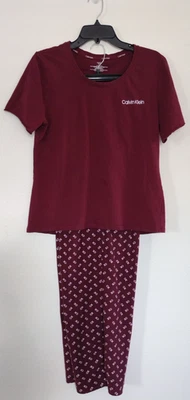 Woman Calvin Klein Sleepwear Fleece 2 Pc Logo Pants Pajama Size XL Short Sleeve - Image 1 of 4