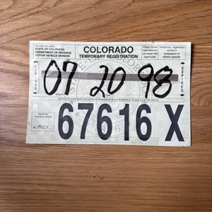 Papel de matrícula vintage 1998 Colorado Temp Tag temporal # 67616 C 20 de julio - Imagen 1 de 3