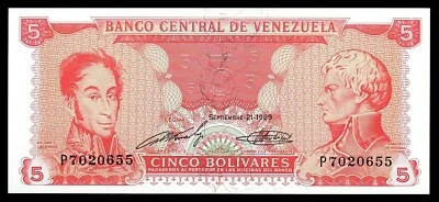 Venezuela UNC Note 5 Bolivares Bs 1989 (Currency Banknote Paper Money) - Image 1 of 2