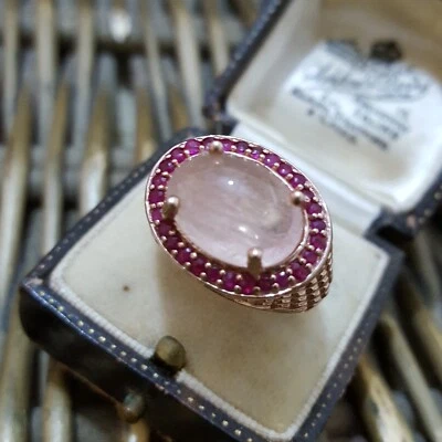 Anillo de sello de plata de oro rosa 925 rubíes cuarzo rosa Reino Unido talla R.5 EE. UU. 9 UE 60 regalo Foto 1 de 4