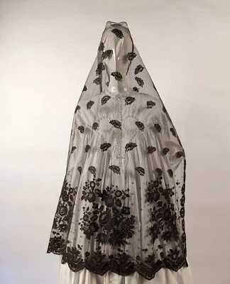 PRE CIVIL WAR 1830’S LONG HAND MADE LACE BONNET VEIL FOR DRESS W RICH FLORAL - Image 1 of 4
