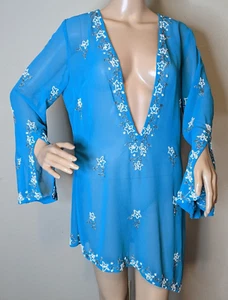 Spiegel Blue Shear Blouse Beaded Tunic Asymmetrical Hem Size M Top NEW Vintage - Picture 1 of 12
