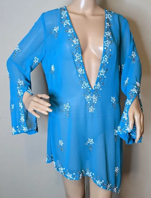 Spiegel Blue Shear Blouse Beaded Tunic Asymmetrical Hem Size M Top NEW Vintage - Image 1 of 4