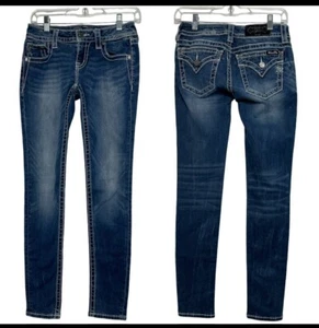 Miss Me Jeans Size 26 Signature Skinny Low Rise Flap Pockets Embroidered Biker - Picture 1 of 12