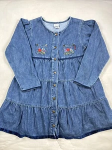 OshKosh Denim Tiered Dress Girl SZ 6X Long Sleeve Cotton Blue Embroidery - Picture 1 of 8
