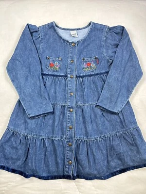 OshKosh Denim Tiered Dress Girl SZ 6X Long Sleeve Cotton Blue Embroidery - Image 1 of 4