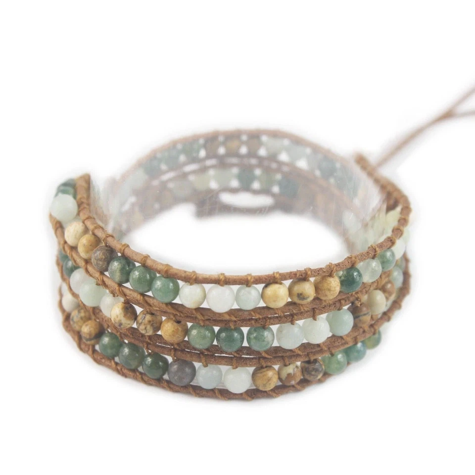Pulsera triple envoltura con cordón de cuero y cuentas de amazonita  Foto 1 de 1