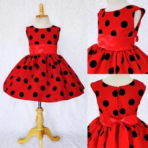 Red Black Polka Dot Knee Length Ribbon Dress Birthday Party Photoshoot 2 4 6 8 - Picture 1 of 10