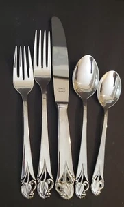 Towle Silver Woodlily Wood Lily Stainless Germany 5pc Set Dinner Fork Spoon - Picture 1 of 8