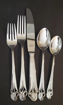 Juego de 5 piezas de cuchara tenedor de cena de acero inoxidable de madera de nenúfar de madera de lirio de madera de plata Foto 1 de 4