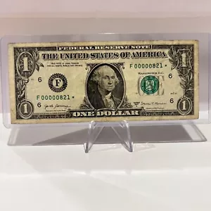 Low Serial Number Star Note $1 Dollar Bill Series 2017A (00000821*) US Currency - Picture 1 of 2