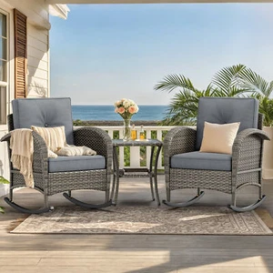 3-Piece Wicker Rocking Chair Set, Outdoor Patio Furniture Set with Plush Cushion - Picture 1 of 7