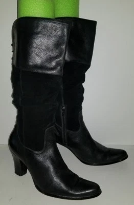 Botas hasta la rodilla ANA cuero negro gamuza tacón grueso borla espalda encaje. 8 Foto 1 de 4