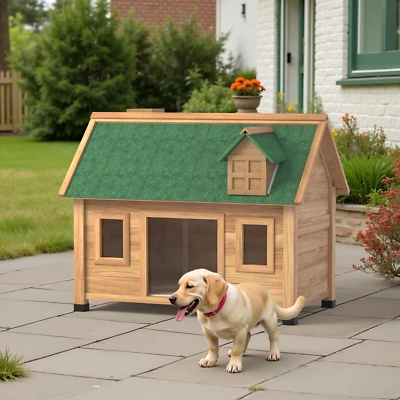 Wooden Dog House Outdoor Insulated  with Transparent Waterproof Door Curtains - Image 1 of 4