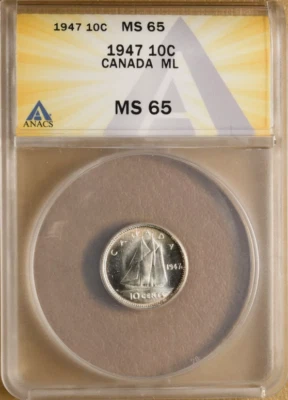 :1947 S10C GEORGE-VI CANADA ANACS MS65 MAPLE LEAF HIGH & NEAR LOW-POP HIGH-GRADE - Image 1 of 4