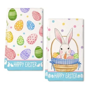Easter Kitchen Towels Set Of 2white Bunny Eggs Dish Towels 18x26 Inch Drying Dis - Picture 1 of 8