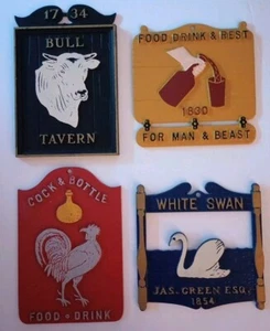 (4) Vintage Taverne Bar Schilder Metall Humor Nostalgie Stier Schwan Biest Hahn Breweriana - Bild 1 von 6