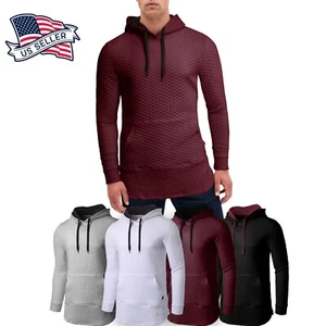 Mens HOODIE Zipper longline Elongated Hipster Hip Hop Fashion Sweater QUILTED - Picture 1 of 10