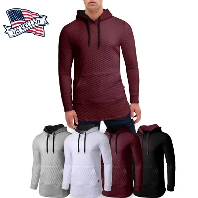 Mens HOODIE Zipper longline Elongated Hipster Hip Hop Fashion Sweater QUILTED - Photo 1/2