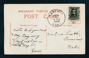 SABETHA KANSAS 1908 DUPLEX CANCEL LOVE AND DUTY SHEAHANS ANTIQUE POSTCARD - Picture 1 of 2