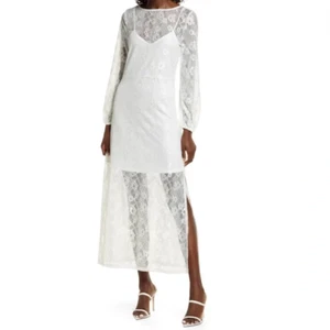 Open Edit White Sheer Lace Long Sleeve Maxi Dress - Picture 1 of 12